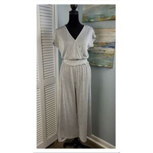 Caution to the Wind Wide Leg Jumpsuit Gray Striped V Neck Smocked Stretch size M